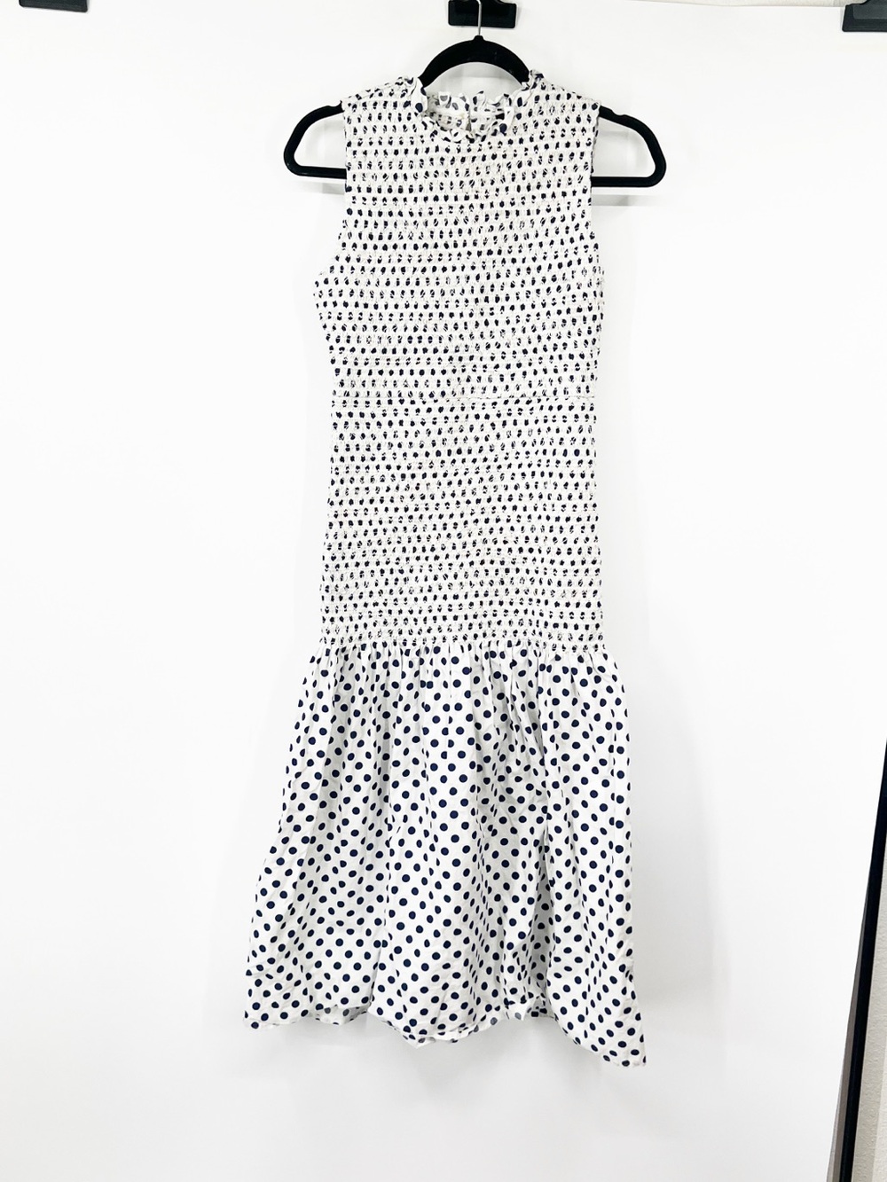 J. Crew Smocked Cotton Poplin Drop-Waist Midi Dress in Polka Dot Print